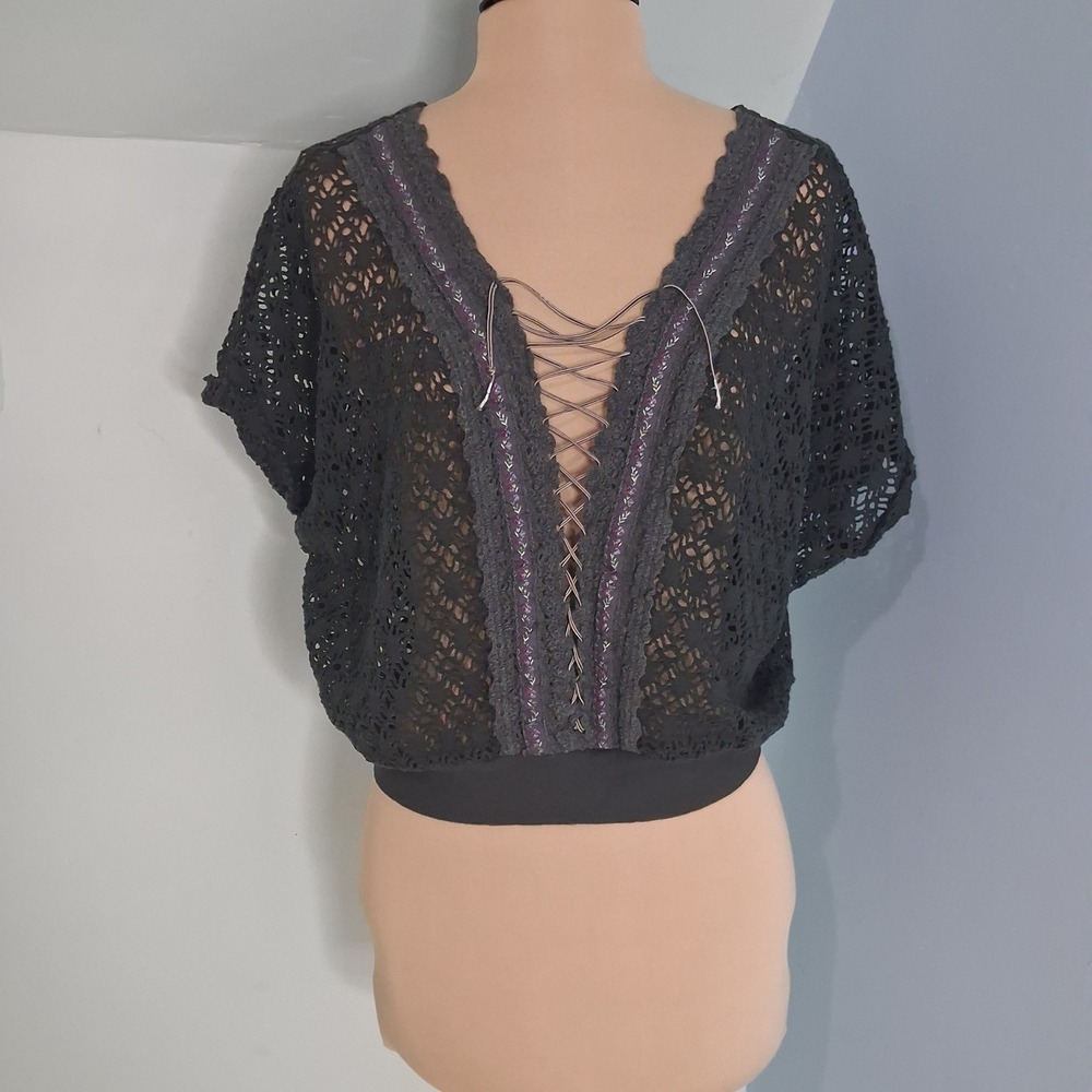 Boho Crochet Lace Up Dolman Sleeve Top Charcoal Grey Floral Embroidery Trim